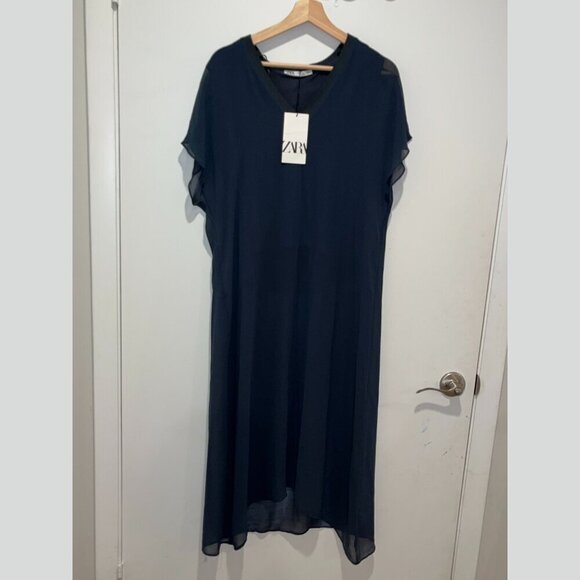 NWT Zara Navy Blue Long Tunic Sheer top Women’s Size L - Picture 1 of 10
